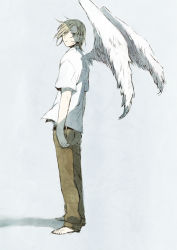Rule 34 | 1boy, androgynous, arms at sides, bad id, bad pixiv id, barefoot, belt, blonde hair, feathered wings, from side, full body, grey background, kemonomimi mode, looking at viewer, male focus, pants, popompon, sakurai ruka, school uniform, shade, shadow, shirt, simple background, solo, stab, standing, swept bangs, tokimeki memorial, tokimeki memorial girl&#039;s side 3rd story, white shirt, white wings, wind, wings
