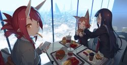 Rule 34 | 3girls, animal ear fluff, animal ears, black serafuku, black shirt, blue eyes, blush, burger, cardigan, cellphone, chair, cityscape, food, fox ears, french fries, holding, holding food, holding phone, horns, indoors, izumi sai, long hair, long sleeves, looking at viewer, looking to the side, mouth hold, multiple girls, necktie, one eye closed, oni horns, orange hair, original, phone, pointy ears, purple hair, red eyes, red hair, red neckwear, sailor collar, school uniform, serafuku, shirt, sitting, smartphone, smile, table, tray, white sailor collar, window, wiping mouth, worried, yellow eyes