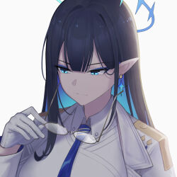 Rule 34 | 1girl, bad id, bad pixiv id, black hair, blue archive, blue eyeliner, blue eyes, blue necktie, breasts, coat, earrings, expressionless, eyeliner, glasses, gloves, halo, highres, jewelry, long hair, long sleeves, mechanical halo, medium breasts, necktie, pointy ears, qumai79, rin (blue archive), simple background, solo, white coat, white gloves, white uniform