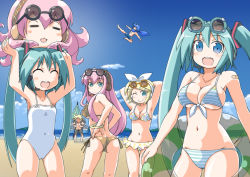 Rule 34 | 2boys, 4girls, :3, :d, :o, = =, ^ ^, aqua hair, arms up, ass, bandaid, beach, bikini, blush, blush stickers, breasts, cameltoe, chibi miku, cleavage, closed eyes, cloud, day, dual persona, flat chest, flying kick, goggles, hatsune miku, innertube, kagamine len, kagamine rin, kaito (vocaloid), kicking, large breasts, looking back, megurine luka, multiple boys, multiple girls, naitou kouse, ocean, one-piece swimsuit, one eye closed, open mouth, outdoors, project diva, project diva (series), side-tie bikini bottom, sideboob, sky, smile, striped bikini, striped clothes, sunglasses, swim ring, swimsuit, takoluka, time paradox, twintails, umbrella, underboob, vocaloid, water, wink