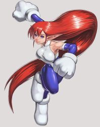 Rule 34 | 1girl, blue bodysuit, blue eyes, bodysuit, breasts, elbow gloves, galaxy fight, gloves, highres, large breasts, large hands, long hair, pointy ears, red hair, roomi, shinonome (game hakkutsu tai), solo, spandex, very long hair