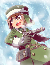 Rule 34 | bag, blush, breath, brown eyes, brown gloves, brown hair, character request, coat, commentary request, day, etrian odyssey, fur-trimmed headwear, fur-trimmed sleeves, fur trim, gloves, green coat, green hat, gun, gunner (sekaiju), hair between eyes, handgun, hat, holding, holding gun, holding weapon, long sleeves, looking away, looking to the side, naga u, open mouth, outdoors, pistol, satchel, snowing, solo, teeth, trigger discipline, upper teeth only, v-shaped eyebrows, weapon