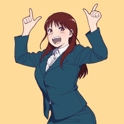 Rule 34 | 1girl, arms up, blue jacket, blue skirt, brown eyes, brown hair, buttons, character request, check character, highres, jacket, long sleeves, office lady, onsen tamago (hs egg), open mouth, original, pencil skirt, pointing, pointing up, shirt, simple background, skirt, smile, solo, upper body, white shirt, yellow background