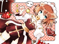Rule 34 | 1girl, animal ears, arch bishop (ragnarok online), blue eyes, blush, breasts, brown hair, candy, cat ears, chocolate, chocolate covered strawberry, chocolate heart, cleavage cutout, clothing cutout, commentary request, cowboy shot, cross, deviruchi, doughnut, dress, dutch angle, food, food in mouth, frilled thighhighs, frills, hair between eyes, heart, juliet sleeves, leche, long sleeves, looking at viewer, maid headdress, medium breasts, puffy sleeves, ragnarok online, sash, short hair, thighhighs, two-tone dress, white dress, white thighhighs, yellow sash