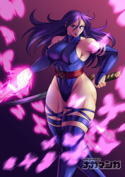 Rule 34 | 1girl, absurdres, artist name, ass, blue leotard, blue thighhighs, breasts, curvy, energy sword, highleg, highleg leotard, highres, katana, large breasts, leotard, lips, long hair, looking at viewer, marvel, muscular, muscular female, nakamanga, psylocke, purple eyes, purple hair, shiny clothes, shiny skin, simple background, solo, sword, thighhighs, thong leotard, weapon, wide hips, x-men