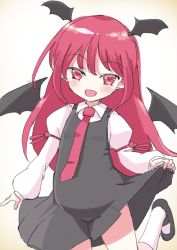 Rule 34 | 1girl, bat wings, clothes lift, hamaburicchi, head wings, juliet sleeves, koakuma, lifted by self, long hair, long sleeves, necktie, open mouth, puffy sleeves, red eyes, red hair, shirt, shoes, skirt, skirt hold, skirt lift, solo, touhou, wings