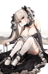 Rule 34 | 1girl, absurdres, azur lane, between breasts, black footwear, black nails, black ribbon, breasts, cleavage, detached collar, detached sleeves, earrings, formidable (azur lane), full body, garter straps, gothic lolita, grey hair, hair ribbon, head tilt, highres, jewelry, knees up, large breasts, lolita fashion, long hair, looking at viewer, meltyrice, nail polish, panties, pantyshot, red eyes, ribbon, shoes, sitting, solo, thighhighs, twintails, two-tone ribbon, underwear, white panties, white ribbon, white thighhighs