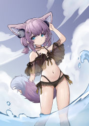 Rule 34 | 1girl, absurdres, animal ear fluff, animal ears, arknights, bare shoulders, bikini, black bikini, blue eyes, blue sky, closed mouth, cloud, commentary request, day, dutch angle, fox ears, fox girl, fox tail, headphones, highleg, highleg bikini, highres, layered bikini, looking at viewer, low twintails, material growth, navel, off-shoulder bikini, off shoulder, oripathy lesion (arknights), outdoors, purple hair, see-through, shio (shiofeifei), short twintails, sky, solo, standing, sussurro (arknights), swimsuit, tail, twintails, water, waves