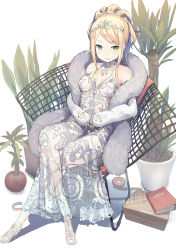 Rule 34 | 1girl, :d, bare shoulders, blush, book, box, breasts, chair, crossed arms, cushion, detached sleeves, dress, eyelashes, full body, fur trim, gem, green eyes, hair ornament, halterneck, high heels, highres, ironwork, isegawa yasutaka, jewelry, long sleeves, looking at viewer, medium breasts, necklace, open mouth, original, plant, ponytail, potted plant, school uniform, see-through, shadow, shawl, sidelocks, sleeves past wrists, smile, solo, tape, tiara, tree, white background, white dress