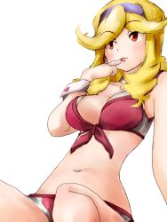 Rule 34 | 10s, 1girl, bikini, blonde hair, boobies uniform, breasts, choker, female focus, finger to mouth, front-tie bikini top, front-tie top, hairband, highres, honey (space dandy), long hair, ma.ru, navel, short shorts, shorts, simple background, solo, space dandy, swimsuit, white background, wrist cuffs