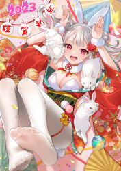 Rule 34 | 1girl, 2023, :d, animal, animal ears, breasts, cleavage, commentary request, fake animal ears, folding fan, grey hair, hairband, hand fan, highres, japanese clothes, kimono, leotard, long hair, long sleeves, looking at viewer, medium breasts, nima (niru54), no shoes, obi, open mouth, original, pantyhose, playboy bunny, rabbit, rabbit pose, red eyes, red kimono, sash, smile, soles, solo, strapless, strapless leotard, teeth, twintails, upper teeth only, white hairband, white leotard, white pantyhose, wide sleeves