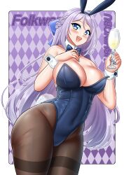 Rule 34 | 1girl, absurdres, animal ears, black pantyhose, blue bow, blue bowtie, blue eyes, blue leotard, bow, bowtie, breasts, champagne flute, checkered background, cup, detached collar, drinking glass, folkwang (moist rabbit) (nikke), folkwang (nikke), goddess of victory: nikke, half up braid, highres, katou shinobu, large breasts, leotard, long hair, looking at viewer, pantyhose, playboy bunny, purple hair, rabbit ears, rabbit tail, solo, strapless, strapless leotard, tail, thighband pantyhose, wrist cuffs