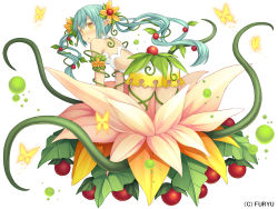 Rule 34 | 1girl, :o, all fours, armband, back, bare shoulders, berry, blush, bug, butterfly, chiruchiru (monmusume-harem), company name, eyebrows, flower, food, from behind, fruit, full body, glowing, green hair, hair between eyes, hair flower, hair ornament, highres, insect, leaf, long hair, looking at viewer, looking back, lotus, monmusu-harem, monmusu harem, monmusume-harem, monster girl, namaru (summer dandy), nose blush, official art, plant, plant girl, pointy ears, simple background, solo, strap slip, twintails, very long hair, vines, white background, yellow eyes