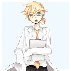 Rule 34 | 1boy, bespectacled, blonde hair, blue eyes, glasses, kagamine len, lab coat, male focus, necktie, oversized clothes, oversized shirt, shirt, solo, tama (songe), vocaloid, yellow necktie
