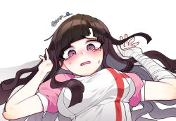 Rule 34 | 1girl, apron, artist name, bandages, black hair, blush, breasts, commentary, crying, danganronpa (series), danganronpa 2: goodbye despair, highres, korean commentary, large breasts, leegal kkyu, long hair, looking at viewer, mixed-language commentary, mole, mole under eye, open mouth, pink shirt, puffy short sleeves, puffy sleeves, shirt, short sleeves, solo, tears, tsumiki mikan