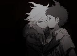 Rule 34 | 2boys, ahoge, black background, closed eyes, commentary request, danganronpa (series), danganronpa 2: goodbye despair, denri, from side, hair between eyes, hands on another&#039;s shoulder, highres, hinata hajime, hood, jacket, komaeda nagito, long sleeves, looking at another, male focus, messy hair, multiple boys, open clothes, open jacket, profile, shirt, short hair, short sleeves, simple background, upper body, yaoi