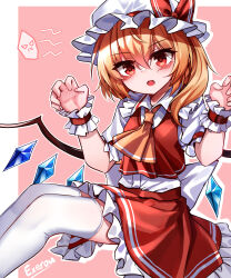 Rule 34 | 1girl, absurdres, ascot, blonde hair, blush, chinese commentary, commentary request, crystal, fang, flandre scarlet, frilled skirt, frills, hat, hat ribbon, highres, looking at viewer, mob cap, one side up, open mouth, outline, pink background, red eyes, red ribbon, red skirt, red vest, ribbon, shirt, short sleeves, signature, simple background, skirt, solo, thighhighs, top-exerou, touhou, variant set, vest, white hat, white outline, white shirt, white thighhighs, wings, wrist cuffs, yellow ascot