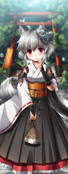 Rule 34 | 1girl, ahoge, animal ears, bag, blush, cross-laced clothes, detached sleeves, female focus, flag, hand on own face, highres, inubashiri momiji, japanese clothes, kei kei, lantern, looking at viewer, mask, mask on head, obi, oni mask, outdoors, paper lantern, pouch, red eyes, ribbon-trimmed sleeves, ribbon trim, sash, short hair, skirt, solo, stairs, standing, tail, torii, touhou, tree, white hair, wolf ears, wolf tail