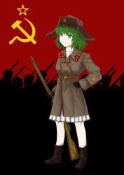 Rule 34 | 1girl, 6+boys, absurdres, boots, earflap hat, fur hat, green eyes, green hair, gun, hammer and sickle, hat, highres, kasodani kyouko, military, military uniform, multiple boys, red background, rifle, short hair, simple background, smile, solo focus, soviet, soviet flag, standing, star (symbol), tagme, theo1227, touhou, uniform, ushanka, ussr, weapon