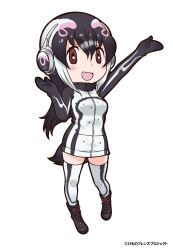 Rule 34 | 1girl, absurdres, african penguin (kemono friends), black hair, boots, brown eyes, gloves, grey hair, headphones, highres, hood, hoodie, kemono friends, kneehighs, long hair, looking at viewer, multicolored hair, official art, open mouth, penguin girl, penguin tail, pink hair, simple background, socks, solo, straight hair, tachi-e, tail, yoshizaki mine, zipper
