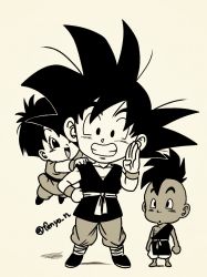 Rule 34 | 1girl, 2boys, :d, :o, arms at sides, barefoot, black eyes, black hair, chibi, child, clenched hand, clenched teeth, commentary request, dark-skinned male, dark skin, dougi, dragon ball, dragonball z, fenyon, flying, full body, grandfather and granddaughter, greyscale, grin, hand on own hip, hands on another&#039;s shoulders, looking up, master and pupil, mohawk, monochrome, multiple boys, open mouth, pan (dragon ball), salute, shadow, short hair, simple background, smile, son goku, spiked hair, standing, teeth, twitter username, uub, white background, wristband