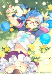 Rule 34 | 10s, 1girl, 2015, ahoge, apple, arm behind head, black thighhighs, blue apple, blue eyes, blue hair, breasts, btoor, company name, dandelion, dated, english text, flower, food, frilled sleeves, frills, from above, fruit, glasses, highres, holding, holding flower, lying, matching hair/eyes, midriff, newton (sid story), on back, on ground, one eye closed, outstretched arm, puckered lips, red-framed eyewear, semi-rimless eyewear, shirt, short sleeves, sid story, solo, sparkle, thighhighs, torn clothes, torn thighhighs, twintails, under-rim eyewear, watermark, wind