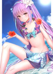Rule 34 | 1girl, bare arms, bare legs, bare shoulders, bikini, bikini top only, blue bikini, blue bow, blue headband, blue neckwear, blush, bow, breasts, brown eyes, closed mouth, cloud, collarbone, commentary request, day, dutch angle, euryale (fate), euryale (formal dress) (fate), fate/hollow ataraxia, fate (series), flower, flower necklace, front-tie bikini top, front-tie top, hair flower, hair ornament, headband, hibiscus, highres, holding, jewelry, knee up, long hair, looking at viewer, navel, necklace, ocean, pink hair, red flower, sarong, shiny skin, shuutou haruka, sidelocks, signature, sitting, small breasts, smile, solo, stomach, sun, swimsuit, twintails, very long hair, water, white flower