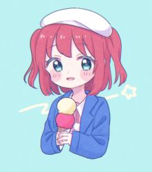Rule 34 | 1girl, :d, aqua background, aqua hair, beret, blue jacket, blush stickers, double scoop, food, hat, highres, holding, holding food, ice cream, ice cream cone, jacket, kurosawa ruby, looking at viewer, love live!, love live! school idol festival, love live! sunshine!!, open mouth, pink shirt, pom pom (clothes), red hair, shirt, short hair, simple background, smile, solo, two side up, upper body, white hat, yashino 84