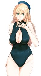 Rule 34 | 10s, 1girl, absurdres, alternate costume, atago (kancolle), beret, blonde hair, breasts, center opening, cowboy shot, female focus, front zipper swimsuit, green eyes, hat, highleg, highleg swimsuit, highres, kantai collection, large breasts, light smile, long hair, looking at viewer, meme attire, ogros, one-piece swimsuit, simple background, solo, sweatdrop, swimsuit, unzipped, white background