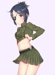 Rule 34 | 1girl, absurdres, belt, black belt, breasts, chrome dokuro, commentary request, eyepatch, green skirt, highres, hosh, katekyo hitman reborn!, lifting own clothes, long sleeves, looking at viewer, navel, parted bangs, pleated skirt, purple eyes, purple hair, short hair, simple background, skirt, skull, solo, white background
