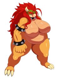 Rule 34 | 1girl, absurdres, bowser, breasts, choker, claws, closed mouth, eric lowery, eyebrows, highres, horns, koopa, long hair, mario (series), matching hair/eyes, monster, monster girl, navel, nintendo, nude, red eyes, red hair, simple background, solo, standing, stomach, super mario bros. 1, white background