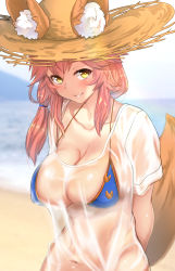 Rule 34 | 1girl, animal ears, bikini, bikini top only, blue bikini, blush, breasts, commentary request, ears through headwear, fate/grand order, fate (series), fox ears, fox tail, hat, highres, large breasts, long hair, looking at viewer, navel, pink hair, seductive smile, see-through, shirt, short sleeves, smile, solo, stomach, straw hat, swimsuit, t-shirt, tail, tamamo (fate), tamamo no mae (fate/extra), tamamo no mae (swimsuit lancer) (fate), tamamo no mae (swimsuit lancer) (second ascension) (fate), untue, upper body, wet, wet clothes, white shirt, yellow eyes