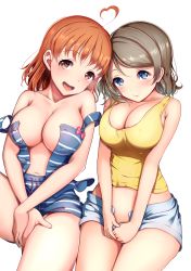 Rule 34 | 2girls, :d, absurdres, ahoge, amagi (volfuji), bare shoulders, blue eyes, blue shirt, blue shorts, breasts, brown hair, cleavage, collarbone, commentary request, covering privates, covering crotch, hair ornament, heart, heart-shaped pupils, heart ahoge, highres, large breasts, looking at viewer, love live!, love live! sunshine!!, multiple girls, navel, no bra, open clothes, open mouth, orange hair, red eyes, shirt, short hair, shorts, simple background, sitting, smile, stomach, strap slip, striped clothes, symbol-shaped pupils, takami chika, tank top, unbuttoned, watanabe you, white background, yellow tank top