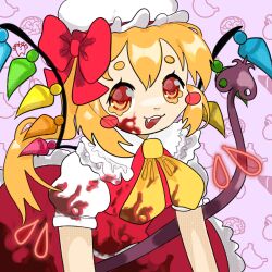 Rule 34 | bat wings, blonde hair, blood, blood on face, bow, brain, dress, embodiment of scarlet devil, fang, flandre scarlet, hamteeth, hat, highres, kidney, laevatein (touhou), mob cap, pink background, puffy short sleeves, puffy sleeves, red bow, red dress, red eyes, red vest, ribbon, short sleeves, side ponytail, touhou, vest, wings, yellow ribbon
