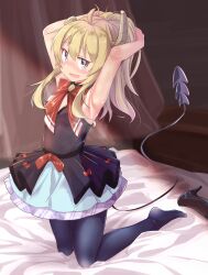 Rule 34 | 1girl, ahoge, armpits, arms up, bed sheet, bedroom, blonde hair, blue eyes, blush, broken horn, commentary request, curtains, demon horns, demon tail, dress, eyelashes, highres, horns, indoors, kneeling, lilith (machikado mazoku), looking at viewer, machikado mazoku, on bed, open mouth, pantyhose, ponytail, ribbon, shiny skin, shoes, unworn shoes, sweat, tail, thighhighs, yuukin