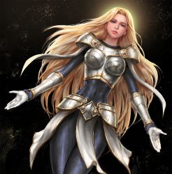 Rule 34 | 1girl, armor, backlighting, belt, black background, blonde hair, blue eyes, bodysuit, boobplate, bracer, breastplate, covered navel, dutch angle, gauntlets, gloves, highres, league of legends, loincloth, long hair, looking at viewer, lux (league of legends), outstretched arms, simple background, solo, very long hair, white gloves, yy6242