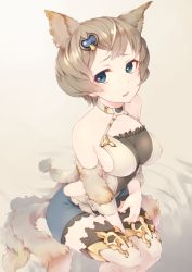 Rule 34 | 10s, 1girl, animal ears, arm warmers, backless outfit, bare shoulders, bed, bed sheet, between legs, blue eyes, blue shorts, breasts, criss-cross halter, detached sleeves, erune, from above, frostone, granblue fantasy, hair ornament, halterneck, halterneck, hand between legs, hand on leg, highres, large breasts, light brown hair, looking at viewer, multiple tails, short hair, shorts, sideboob, sitting, solo, stella (granblue fantasy), sutera (granblue fantasy), tail, thighhighs, white thighhighs