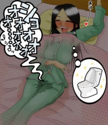 Rule 34 | 1girl, bed, bedwetting, black hair, blanket, blush, dreaming, long hair, lowres, lying, open mouth, pajamas, peeing, peeing self, pillow, sleeping, solo, translation request