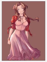 Rule 34 | 1girl, absurdres, aerith gainsborough, arms at sides, bangle, bracelet, braid, braided ponytail, breasts, brown background, brown hair, buttons, choker, collarbone, cowboy shot, crop top, dress, final fantasy, final fantasy vii, final fantasy vii remake, flower choker, frilled dress, frills, green eyes, grin, gusty10rk, hair ribbon, highres, jacket, jewelry, long dress, long hair, looking at viewer, medium breasts, parted bangs, pink dress, pink ribbon, puffy short sleeves, puffy sleeves, red jacket, ribbon, short sleeves, sidelocks, single braid, smile, solo, teeth, wavy hair