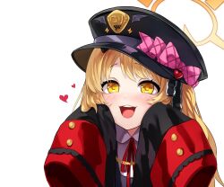Rule 34 | 1girl, black coat, black hat, black ribbon, blonde hair, blondy (ldlong), blue archive, blush, bow, coat, collared shirt, frilled ribbon, frills, hair ribbon, halo, hat, hat bow, hat ornament, heart, heart hat ornament, highres, ibuki (blue archive), looking at viewer, neck ribbon, open mouth, peaked cap, pink bow, ribbon, shirt, side ponytail, simple background, sleeves past fingers, sleeves past wrists, smile, solo, upper body, white background, white shirt, yellow eyes