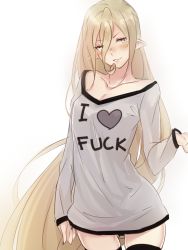 Rule 34 | 1girl, alternate costume, black panties, black thighhighs, blonde hair, blush, bow, clothes writing, collarbone, english text, engrish text, fuck-me shirt, green eyes, hair bow, lips, long hair, long sleeves, magilou (tales), meme attire, nail polish, panties, parted lips, pointy ears, profanity, ranguage, shirt, simple background, smile, solo, tales of (series), tales of berseria, thighhighs, tusia, underwear, very long hair, white background