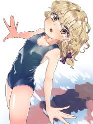 Rule 34 | 1girl, absurdres, alternate costume, blonde hair, bow, braid, breasts, gunnjou yosio, hair bow, highres, kirisame marisa, leaning back, long hair, looking at viewer, open mouth, outstretched arms, purple bow, reflection, reflective water, school swimsuit, single braid, skinny, small breasts, swimsuit, touhou, water, yellow eyes
