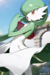Rule 34 | 1girl, arch, artist name, blue background, blue sky, blurry, blurry background, blush, bob cut, cloud, colored skin, cowboy shot, creatures (company), day, female focus, flat chest, game freak, gardevoir, gen 3 pokemon, green hair, green skin, hair over one eye, hand up, highres, looking to the side, moss, multicolored skin, nintendo, one eye covered, open mouth, outdoors, pokemon, pokemon (creature), red eyes, ruins, short hair, sky, solo, standing, suahh, sunlight, twitter username, two-tone skin, watermark, white skin