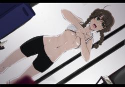 Rule 34 | 1girl, ahoge, amane suzuha, bike shorts, braid, breasts, brown eyes, brown hair, cameltoe, clothes lift, dutch angle, groin, letterboxed, long hair, mori shin risuku, navel, open mouth, shirt lift, small breasts, solo, steins;gate, twin braids, twintails, underboob, undressing, yellow eyes