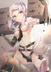Rule 34 | 1girl, absurdres, amazon (company), bespectacled, black gloves, box, brand name imitation, elbow gloves, fate/grand order, fate (series), glasses, gloves, grey hair, highres, looking at viewer, midriff, necktie, penthesilea (fate), semi-rimless eyewear, short hair, solo, under-rim eyewear, yellow eyes, yufou
