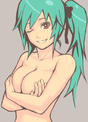 Rule 34 | 1girl, aqua hair, breast hold, breasts, brown eyes, covering breasts, covering privates, grin, one eye closed, ponytail, smile, solo, topless, wink, yuuji (and)