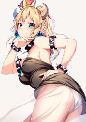 Rule 34 | 1girl, ass, bare shoulders, black dress, blonde hair, blush, bowsette, bracelet, breasts, closed mouth, collar, commentary request, crown, dress, earrings, fingernails, grey background, hair between eyes, hand on own hip, hand up, horns, jewelry, long hair, looking at viewer, looking back, mario (series), medium breasts, mini crown, new super mario bros. u deluxe, nintendo, panties, ponytail, see-through, sidelocks, simple background, smile, solo, spiked bracelet, spiked collar, spikes, strapless, strapless dress, super crown, underwear, white panties, yan (nicknikg)