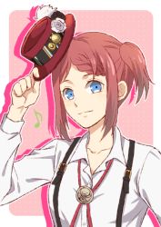 Rule 34 | 1girl, blue eyes, braid, closed mouth, collarbone, collared shirt, dress shirt, hat, holding, holding clothes, holding hat, long sleeves, looking at viewer, musical note, neck ribbon, one side up, pink background, red hair, red hat, red ribbon, ribbon, rose (tales), saklo, shirt, short hair, single braid, smile, solo, suspenders, swept bangs, tales of (series), tales of zestiria, unworn hat, unworn headwear, upper body, white background, white shirt, wing collar
