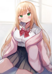 Rule 34 | 1girl, absurdres, bad id, bad pixiv id, black skirt, blonde hair, blush, bow, breasts, closed mouth, collared shirt, commentary request, dress shirt, green eyes, highres, jacket, long sleeves, looking at viewer, medium breasts, minami saki, off shoulder, open clothes, open jacket, original, pink jacket, pleated skirt, red bow, school uniform, shirt, sitting, skirt, sleeves past wrists, solo, twitter username, v-shaped eyebrows, wariza, white shirt, window