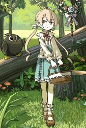 Rule 34 | 1girl, arknights, basket, bird, blonde hair, blue archive, brown footwear, cosplay, forest, grass, halo, hifumi (blue archive), holding, holding basket, hondo kaede, nature, owl, shoes, sixten, socks, staff, suzuran (arknights), suzuran (arknights) (cosplay), suzuran (spring praise) (arknights), twintails, voice actor connection, white socks